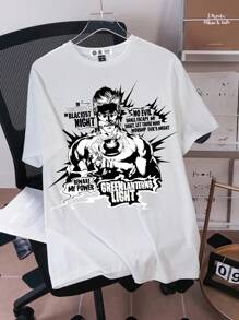 Green Lantern X SHEIN 男士休闲白色圆领短袖T恤，卡通黑白英文字母印花图案，夏季