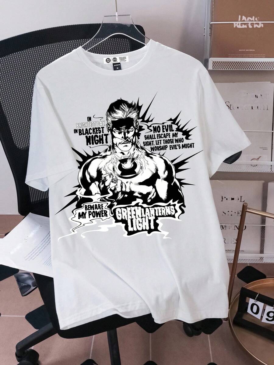 Green Lantern X SHEIN 男士休闲白色圆领短袖T恤，卡通黑白英文字母印花图案，夏季