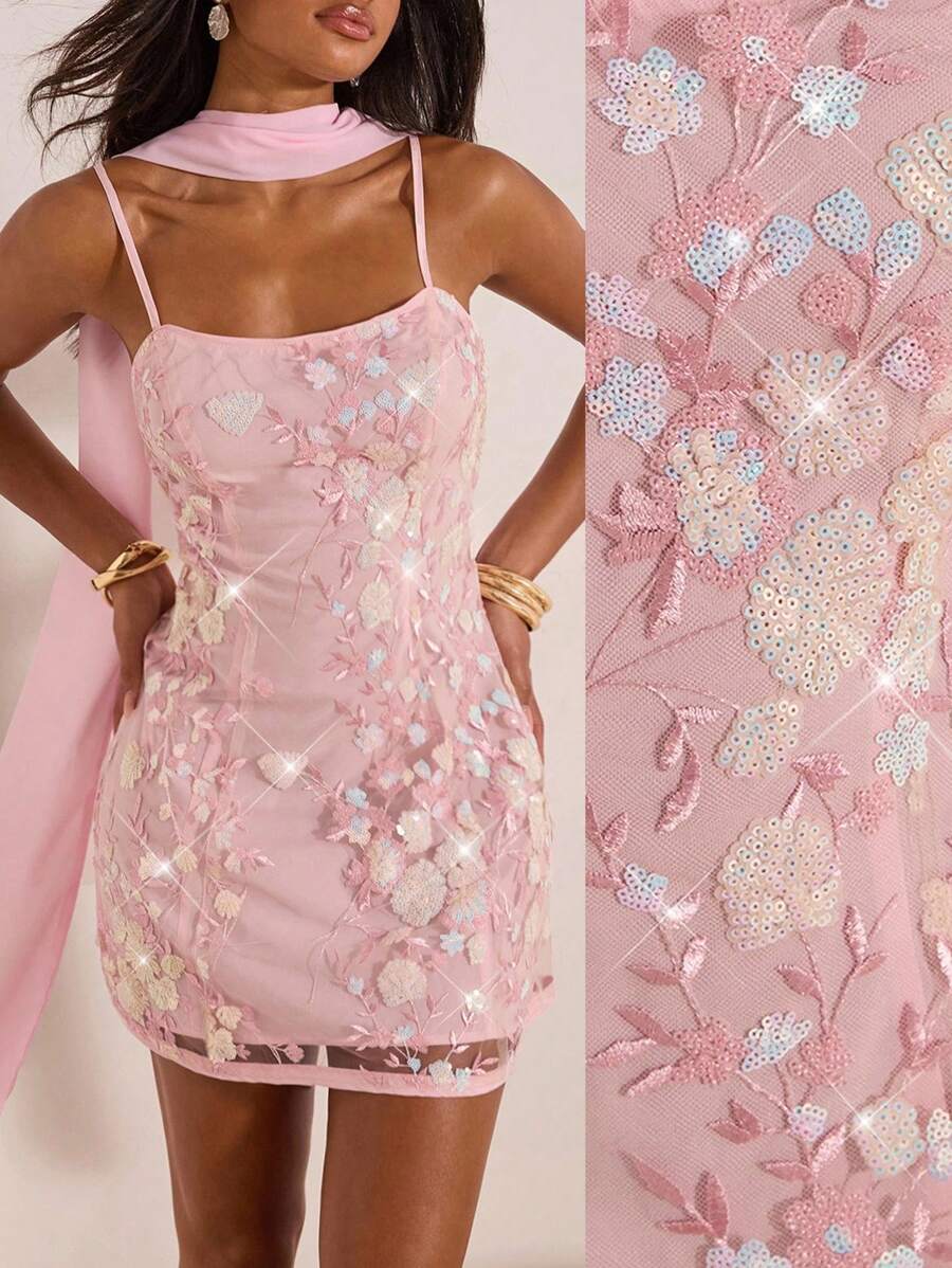 Opulessa 1 chiếc váy mini trang trí sequin dệt trơn màu dành cho nữ - Hồng - Xem 1