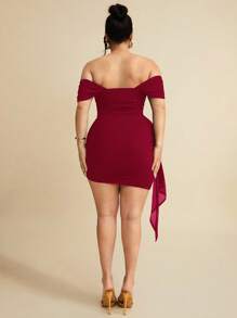 SHEIN BAE 大码女式黑色褶皱下摆荷叶边系带腰部网眼针织露肩弹力休闲迷你连衣裙，适合日常穿着、郊游、约会、下午茶、度假、春夏季、返校季，女士正装 - 酒紅色 - 查看 2