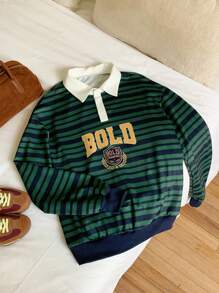 Comfortcana Sudadera casual de mujer con estampado de rayas y letras, estilo universitario - Verde - Ver 7