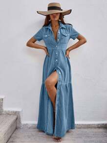 EURMUSE Women's Fashion Vacation Casual Button Front Short Sleeve Denim Dress - Light Wash - View 3