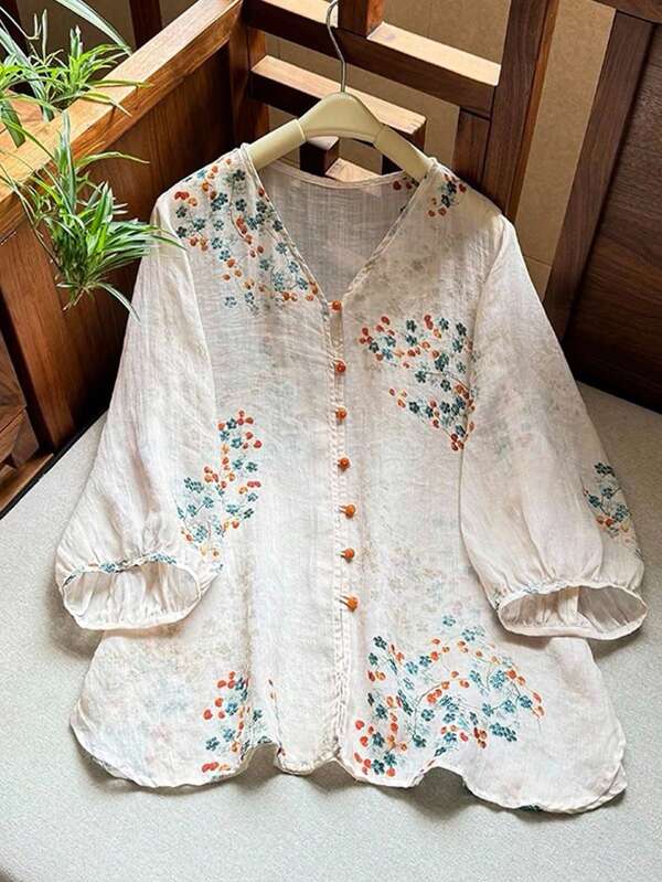 Rusticease Women's Floral Print V-Neck Long Sleeve Single-Breasted Loose Shirt Linen Blouses For Women Cotton Tops Women Summer Flower Shirt Boho Shirt Cotton Blouse