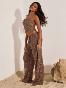 Opulessa Quần ống rộng cạp thấp sequin thời trang dành cho nữ - màu nâu - Xem 4