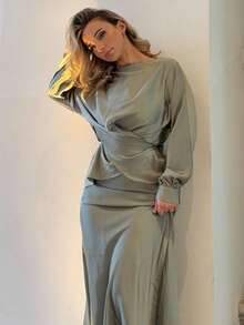 Jeta Ari 女士优雅杏色缎面不对称下摆缎面半身裙 - 薄荷綠 - 查看 6