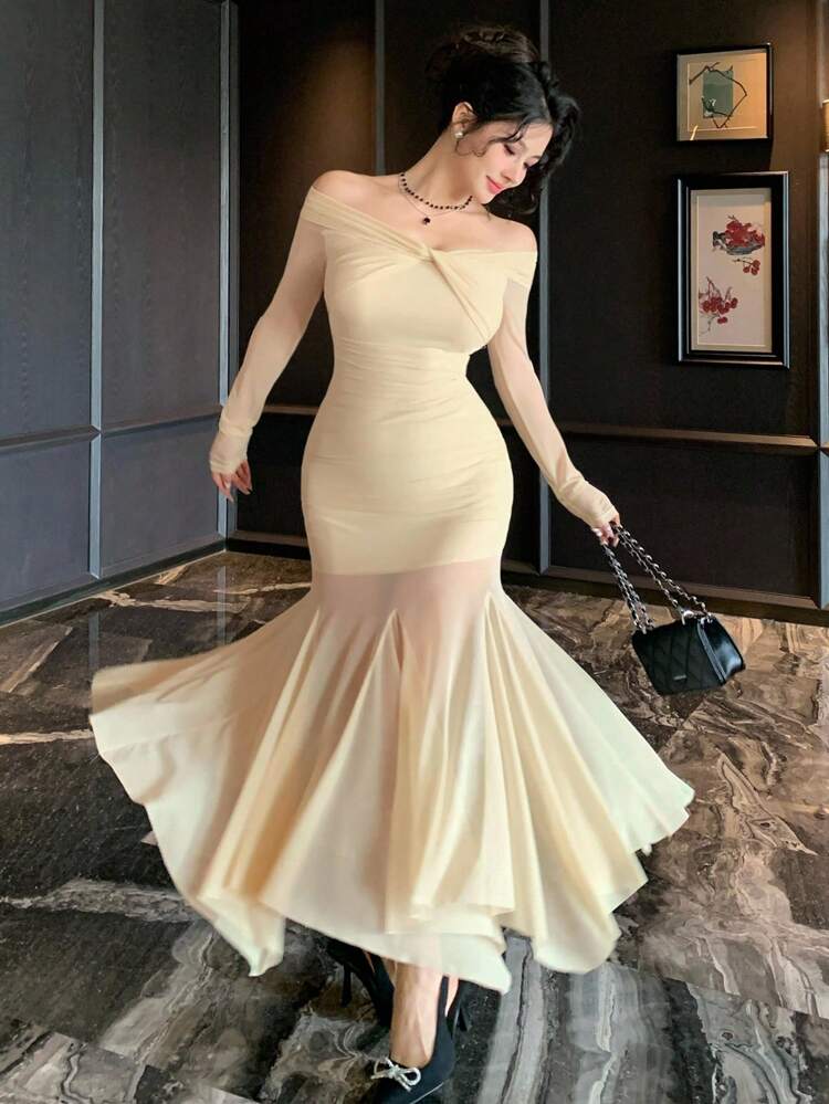 Women's Fall Off Shoulder Mesh Long Sleeve Mermaid Dress, Elegant And Casual Maxi Dress