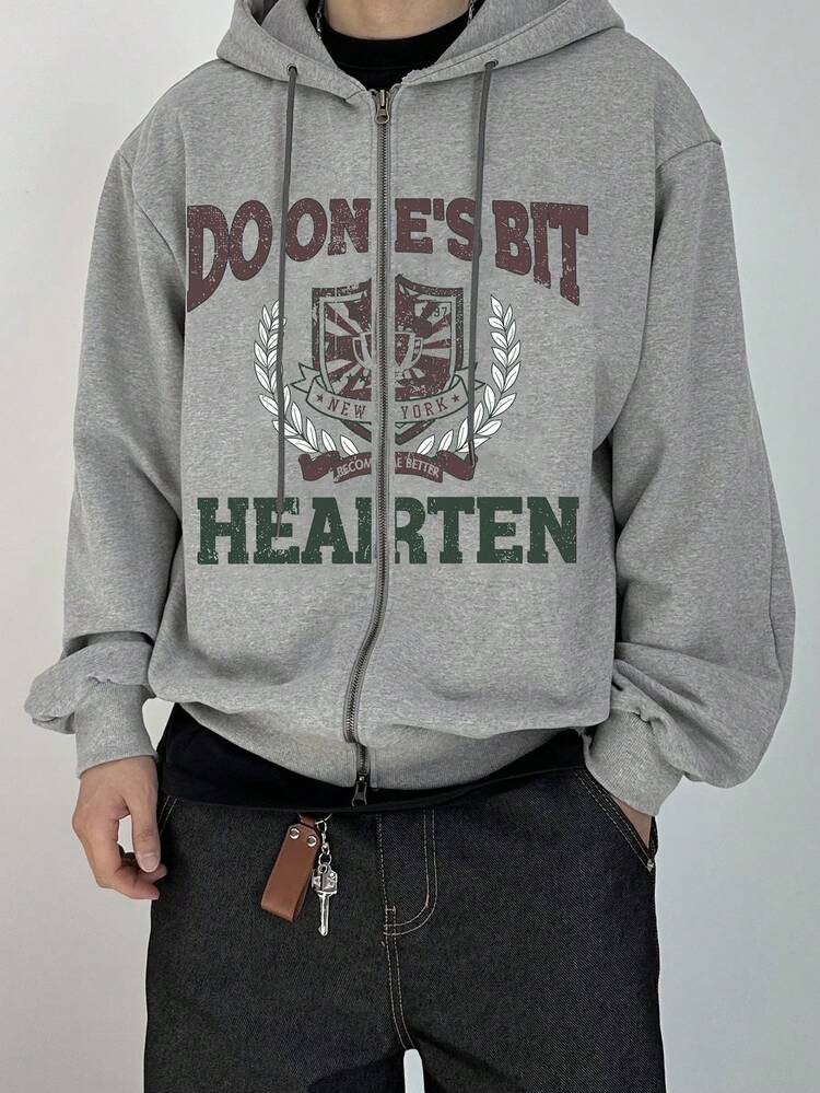 Men's Letter Print Gray Zip-Up Drawstring Hooded Sweatshirt, Suitable For Spring/Autumn