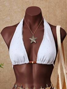 SHEIN Swim 2025 Women Solid Color Mesh Patchwork Lace Trim Beaded Drawstring Bikini Set, Summer - White - View 5