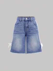 SHEIN Girlism Quần jean denim dài ống rộng thời trang Y2K cho bé gái, dáng rộng, túi xéo và viền thô, mùa xuân, kỳ nghỉ hè, lễ hội âm nhạc mùa hè, quần short rộng thùng thình, thời trang đường phố - Rửa trung bình - Xem 4