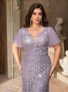 Aureia Plus Size Elegant And Gorgeous Lotus Pink 3D Three-Dimensional Flower Beads Embroidery Custom Mesh Puff Sleeves Deep V-Neck Slim Fishtail Hem With Train Suitable For Dinner Bachelorette Party Dance Vacation Graduation Season Homecoming Back To School  Wedding Event Evening Dress (Heavy Work Model) Formal Dresses For Wedding Guest
