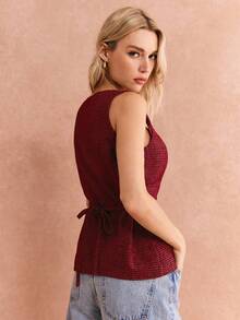 Poéselle 女士复古格子休闲日常穿搭前扣方领上衣，方领上衣，酒红色上衣 - 紅色 - 查看 7