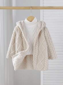 SHEIN 女婴蓬松连帽拉链长袖夹克，秋冬 - 駝色 - 查看 7