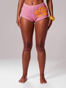 MUSERA 低腰钩针编织撞色花卉热裤超短迷你短裤伊比沙岛性感度假春夏节日狂欢海滩装秋季时尚 - 粉色 - 查看 2