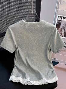 INAWLY Áo thun tay ngắn màu trơn dành cho nữ, thời trang và phù hợp cho mùa hè - Xám - Xem 2