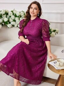 Modelyn Fashionable V-Neck Puff Sleeve Cinched Waist Flared Hem Dress, Slimming Fit, Spring/Summer - Red Violet - View 5