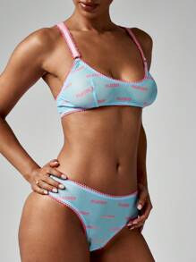 Missguided x Playboy 精致内衣文胸和内裤套装复古风格网眼设计超舒适家居服内衣套装，日常舒适春夏系列 - 彩色 - 查看 5