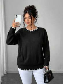 SHEIN Elenzya Plus Size Elegant Black Knit Pullover Contrast White Trim Long Sleeve Sweater, Chic For Work And Casual Wear Knit Pullover Fall Winter - Black - View 5