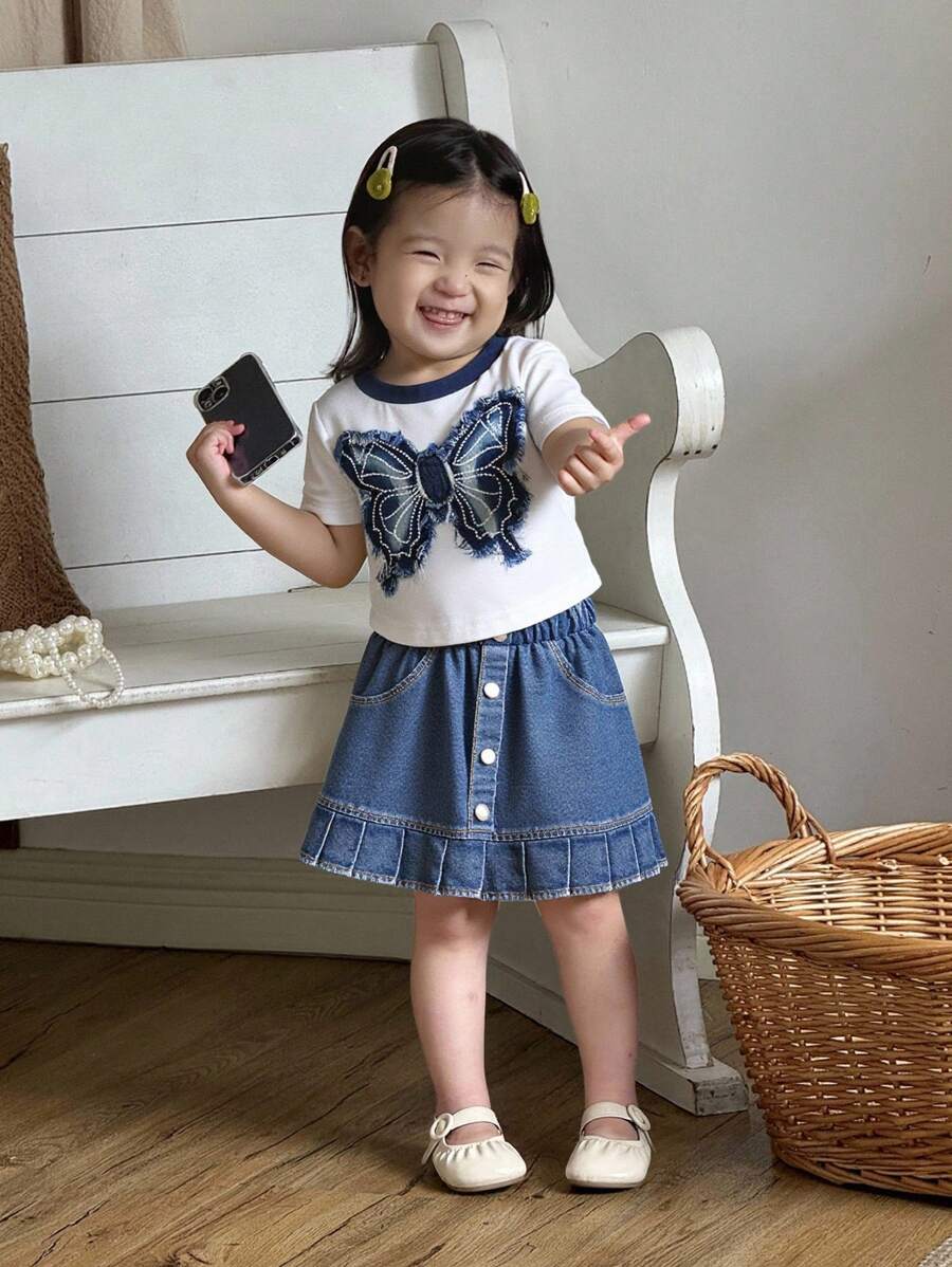 SHEIN 2入組嬰兒女孩甜美時尚蝴蝶短袖T恤搭配時尚牛仔裙
