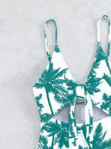 Swim Lushoire Women's Vacation Palm Tree Front Twist Cutout Design Sexy Spaghetti Strap One Piece Swimsuit For Summer