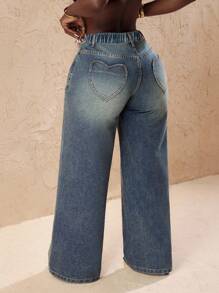 Slaydiva 大码复古褪色牛仔阔腿裤，带心形口袋，时尚百搭，适合夏季穿着 - 藍色 - 查看 2