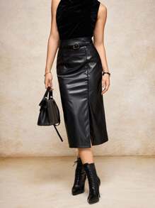 House of One High-Waist PU Split Midi Skirt Women Elegant Brown Skirt Fall Winter Black Midi Skirt Belt Skirt Faux Leather Skirt Midi Black Skirt Black Leather Midi Skirt Fall Women Clothes Old Money Office Outfits For Women Old Money Fall Outfits Business Professional Women Business Casual Woman