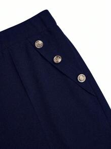 EMERY ROSE 大码女式纽扣装饰喇叭裤，休闲和商务 - 藏蓝色 - 查看 5