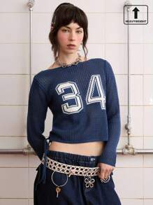 COUREZ Slash Neck Long Sleeve Fitted Knit Top With Front Graphic /Summer Outfits For Women Cute Tops Cute Summer Tops Y2K Summer Tops Vintage