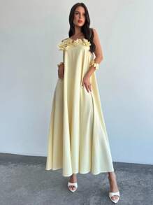 Firerie Women's New Elegant Romantic Vacation Beach Afternoon Tea Party Outfit Cream Yellow Strapless 3D Floral Decor A-Line Loose Dress, Summer Wear, Back To School, Airport Outfit, Going Out, Butter Yellow, Vacation Outfits Woman, Graduation Dress