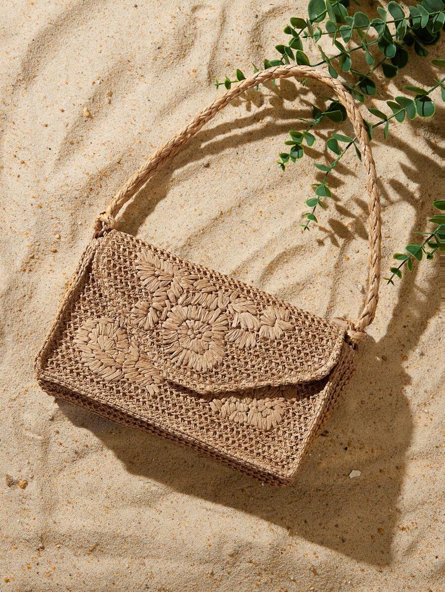 SHEIN SXY 女士，女式手提包，草编包，流苏，时尚，优雅，简约，个性化，多功能，适合海滩，度假，节日，夏季，海边，海滩派对 - 棕色 - 查看 1