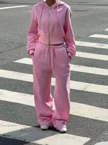 Muchica 女士纯色插肩袖拉链连帽运动衫和裤子休闲运动套装 - 淺粉色 - 查看 3