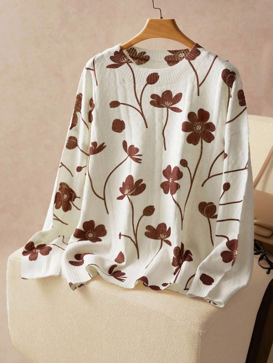 Elaquor Suéter de punto elegante y romántico con estampado floral diminuto de alta gama para mujer de talla grande, informal y francés, para otoño/invierno - Gris - Ver 1