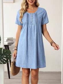 EMERY ROSE Women's Button Design Round Neck Short Sleeve Casual Denim Dress - Light Wash - View 6