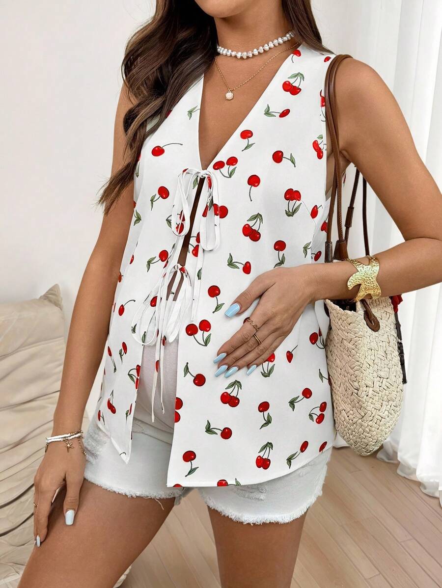 SHEIN Maternity Cherry Print Tie Detail Shirt Women Summer Shirts Women Summer Outfits Casual Summer Outfits Women Women Summer Outfits Summer Outfits For Women Cute Cherry Print, - White - View 1