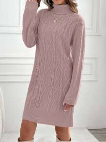 EURMUSE Knitwear Dress With Folded Neck And Cable Pattern,Winter Dresses For Women,Petite - Baby Pink - View 5