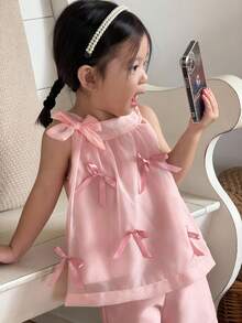 SHEIN 2pcs/Set Baby/Toddler Girls Bow Decor Sleeveless Top & Elastic Waistband Shorts Set, Comfortable & Cute For Casual & Outdoor Wear, Spring/Summer/Autumn Clothes For Baby Girls Baby Clothes For Girls Baby Girl High Quality Clothing Clothes For Baby Girl Baby Clothes For Girls Baby Girls Sets - Dusty Pink - View 5