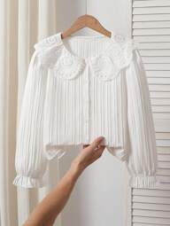 SHEIN Girls Elegant Embroidered Ruffle Collar Bubble Princess Long Sleeve Open Front Striped Casual Fashion Princess Blouse, Suitable For Holiday, Travel, Birthday Party, Spring & Autumn Girls White Blouse White Blouse Girls Girls Long Sleeve Blouse Girls Eyelet Blouse,Back To School Clothes Fall Winter