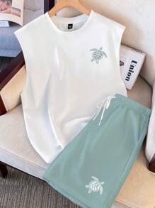 Claim Dot 男士“海洋呼唤”海龟印花无袖背心和短裤套装，宽松版型，适合夏季户外穿着，夏季海滩舒适装