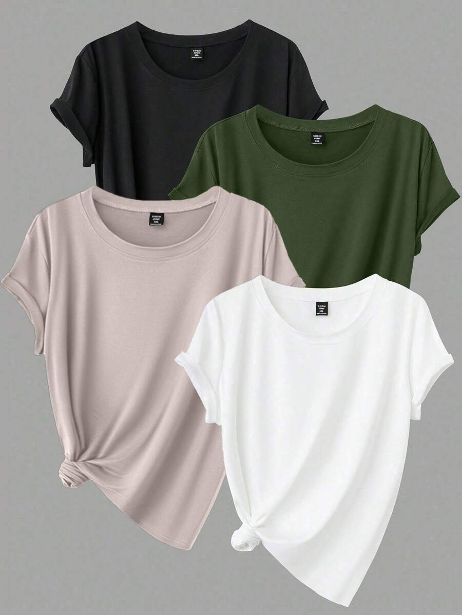 Calvaya Plus Size Casual Solid Color Short Sleeve Tops , Basic Tees - Multicolor - View 1