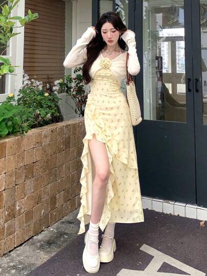 Teen Girls 2pcs Set - Ditsy Floral Halter Tie Dress & Ditsy Floral Decor Long Sleeve T-Shirt