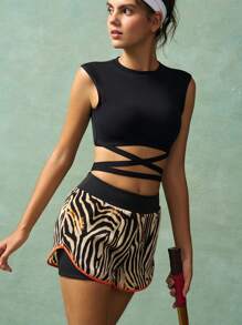 VARSIVA 女式夏季时尚满印花弹力腰运动短裤健身短裤