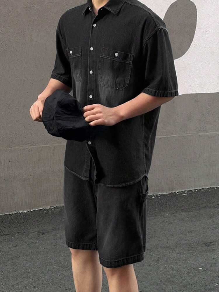 Men's Washed Black Shirt Set, Summer