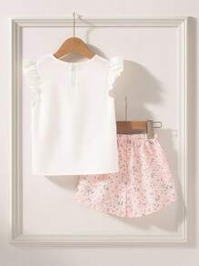 SHEIN Conjunto de 2 piezas estilo pastoral lindo para niña joven: Top con moño de color contrastante + Pantalones cortos con estampado floral, look fresco y casual, primavera y verano - Rosa - Ver 2