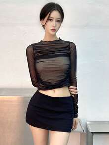 Dazy Tall 女士低腰短款修身休闲迷你裙 - 黑色 - 查看 6
