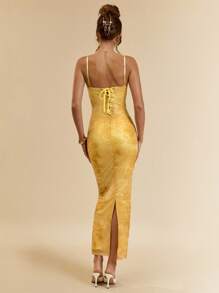 SHEIN BAE Đầm dài ôm vừa vặn họa tiết hoa gợi cảm in ren có dây mảnh dành cho nữ, thiết kế cổ điển, mùa hè - Màu vàng - Xem 2