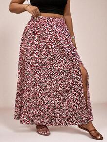 SHEIN VCAY Plus Size All Over Print Slit Up To Thigh Casual Skirt - Red - View 3