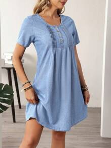 EMERY ROSE Women's Button Design Round Neck Short Sleeve Casual Denim Dress - Light Wash - View 5