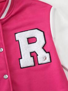 SHEIN 青少年女孩休闲日常撞色字母植绒纽扣棒球夹克