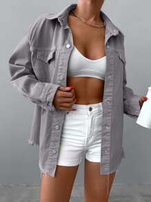 RueChic 女式翻領磨邊牛仔夾克 - 灰色 - 查看 4