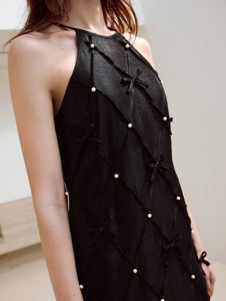 FAUX PEARL BOW DETAIL HALTER NECK SHORT DRESS