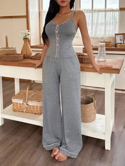 SHEIN 2pcs Women Contrast Trim Camisole Top & Straight Leg Pants Pajama Set Two Piece Lounge Set Casual For Women, Outfits